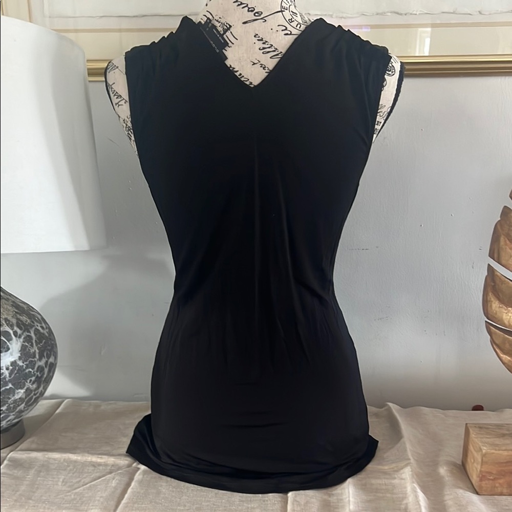 BCBGMaxAzria Black and Purple Tie Front Asymmetrical Blouse - Picture 3 of 5